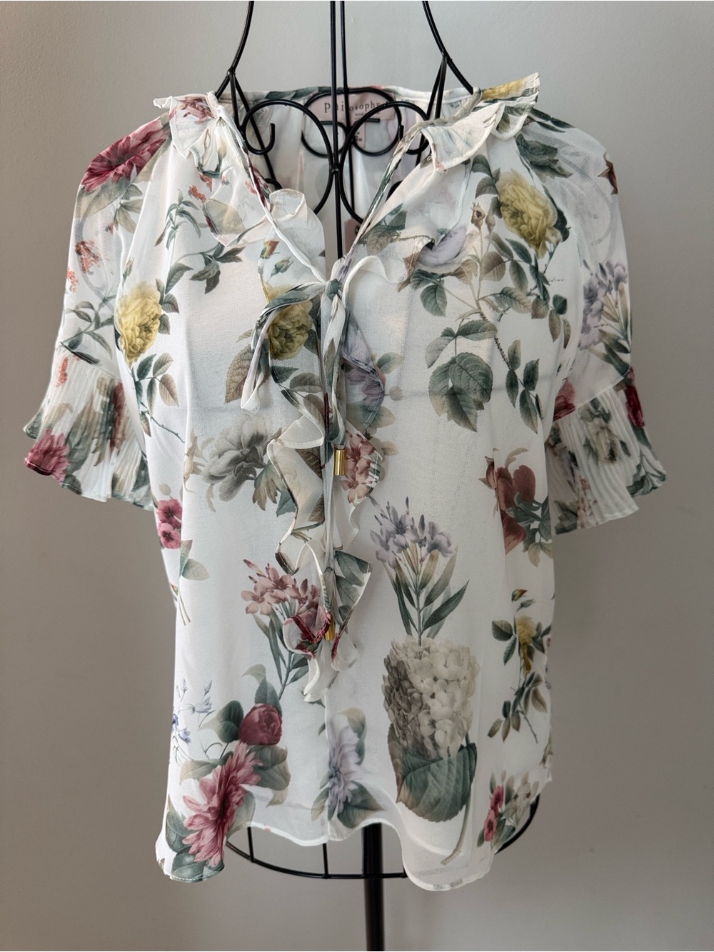 Philosophy di Lorenzo Serafini White Floral Ruffle Tie-Neck Blouse